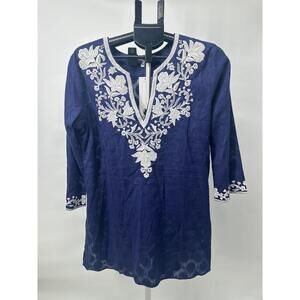 NWT Sulu Collection Blue Embroidered VNeck 3/4 Sleeves‎ Tunic Blouse Size 10